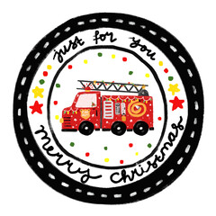 cute christmas xmas Rounded sticker stamp delivery package gift label tag with fire truck engine vehicle transportation in kids doodle hand drawn watercolor crayon illustration vector