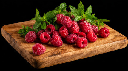 Fresh raspberries and mint leaves on cutting board
