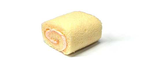 Jam roll with cream filling on white background