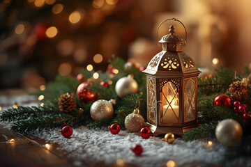 Christmas Lantern On Snowy Table With Fir Branches And Ornaments