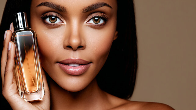 A dark-skinned, pleasant-looking model at a perfume commercial photo shoot.