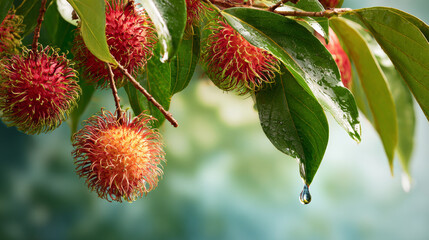 Fresh rambutan fruits with water drops hanging from branch