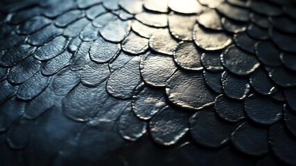 Dark, textured overlapping scales with a metallic sheen, creating an abstract pattern - Powered by Adobe