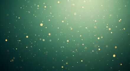 Golden glow particle dust on green background. Festive celebration backdrop with bokeh light effect for Christmas and New Year. Abstract glitter texture.