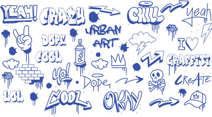 Collection of urban graffiti style hand drawn doodle elements featuring words symbols and illustrations