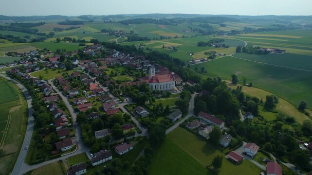 Aerial view around the monastery Asbach Kloster in Germany., Bavaria on a sunny afternoon in spring.