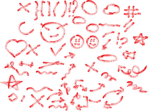 Collection of hand drawn red doodles and symbols including hearts arrows smiley faces and crosses isolated on white background