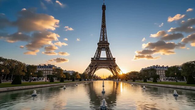 The iconic Eiffel Tower in Paris at sunrise, with its golden reflection in the Trocad&eacute;ro basin