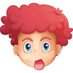 Close up of a cartoon boy face with curly red hair and blue eyes sticking his tongue out with a playful expression and freckles on his nose against a transparent background.