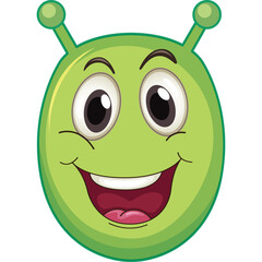 Close up of a cartoon green alien face with big eyes and wide smile on a transparent background