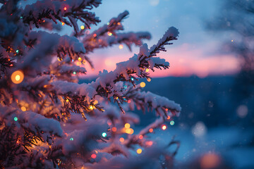 Christmas light. Christmas lights in snow covered tree