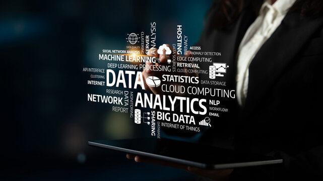 A business professional showcases technology elements related to data analytics, focusing on machine learning and cloud computing to enhance business insights and innovation. Tessel - Powered by Adobe