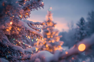 Christmas light. Christmas lights in snow covered tree