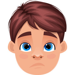Close Up Headshot of a Young Boy with Brown Hair and Big Blue Eyes Expressing Sadness with a Transparent Background in Soft Lighting