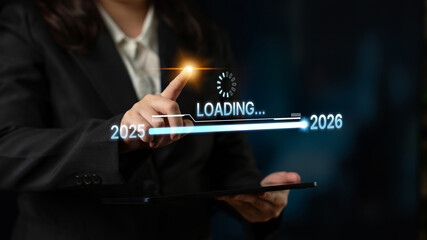 Visualizing the shift from 2025 to 2026. Progress bar symbolizing advancement, strategic foresight, yearly goal-setting, and business transformation for the upcoming year. Spline