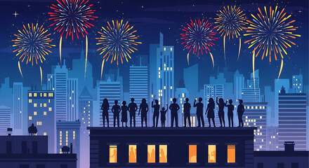 Celebration Fireworks Over City Skyline With People on Rooftop