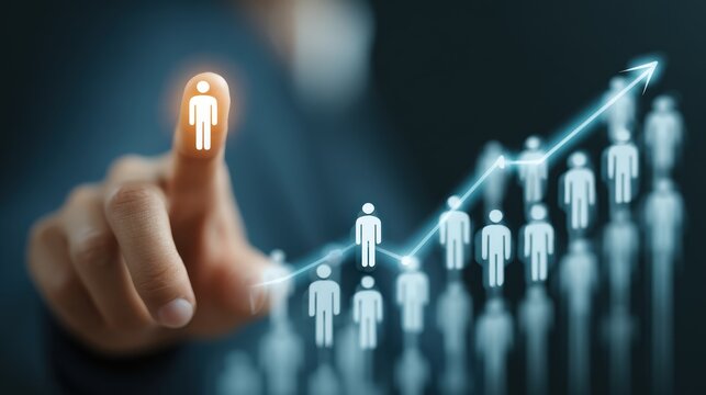 Business professional interacts with rising human resources growth chart on a dark background - Powered by Adobe