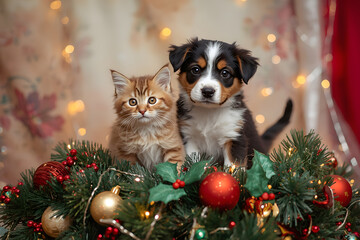 Christmas cat and dog. Kitten and puppy on christmas decoration