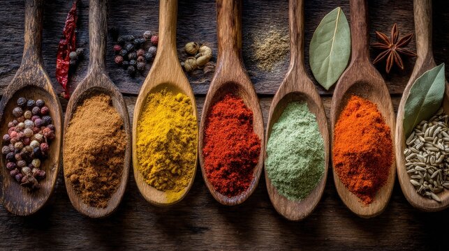Row of wooden spoons displays an array of vibrant culinary seasonings on a dark wooden surface