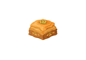A square syrupy pastry with visible pistachio nut layers on a white background