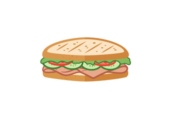 A stylized grilled sandwich illustration with ham lettuce tomato and cucumber on a white background