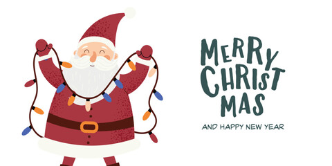 Funny Santa Claus holding Christmas lights. Cute festive holiday card with Merry Christmas and Happy New Year lettering. Flat vector illustration isolated on white background.
