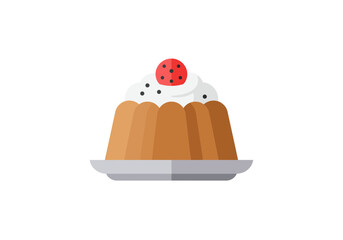 A stylized illustration of a bundt cake with white topping and a red spotted garnish on a gray plate
