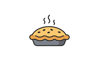 Cartoon drawing of a steaming baked pie in a dark dish