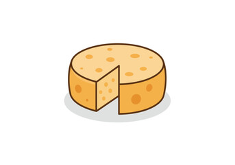 Stylized illustration of a round yellow Swiss cheese wheel with a slice removed