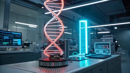 Futuristic science laboratory advancing dna research in genetics. showcase of medical biotechnology innovation and scientific discovery through advanced technology - Powered by Adobe