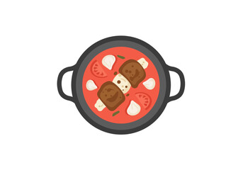 Topdown view of a dark pot filled with red stew meatballs and white vegetable pieces