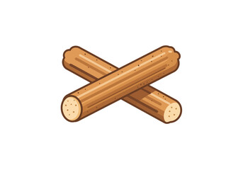 Two light brown churros crossed over each other on a white background