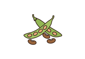 Two green crossed bean pods with brown beans spilling out