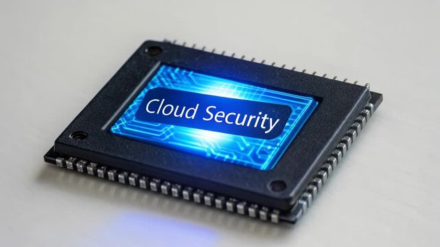 Futuristic cloud security and data protection technology, highlighting powerful microchip cpu at core of modern cyber system for safeguarding online information