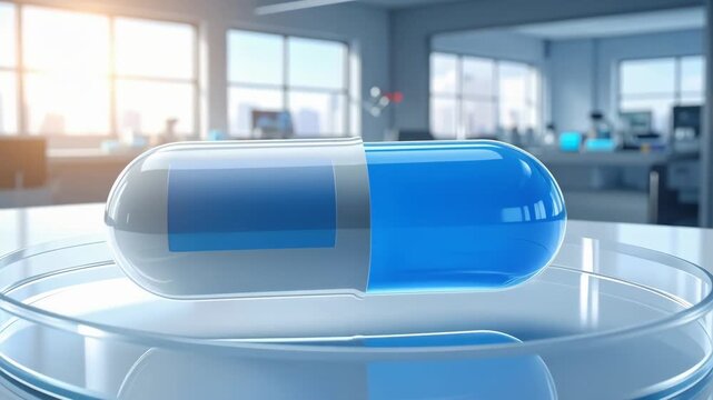 Futuristic medical capsule in science laboratory driving healthcare innovation with advanced drug delivery technology, shaping future of medicine and pharmaceutical research