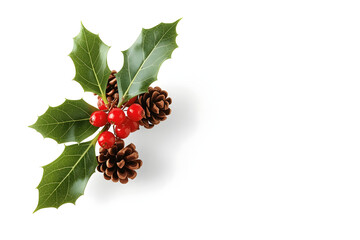 Christmas decoration of holly berry and pine cone on white background