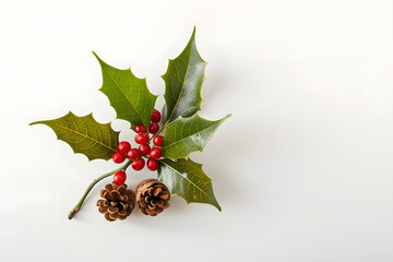 Christmas decoration of holly berry and pine cone on white background