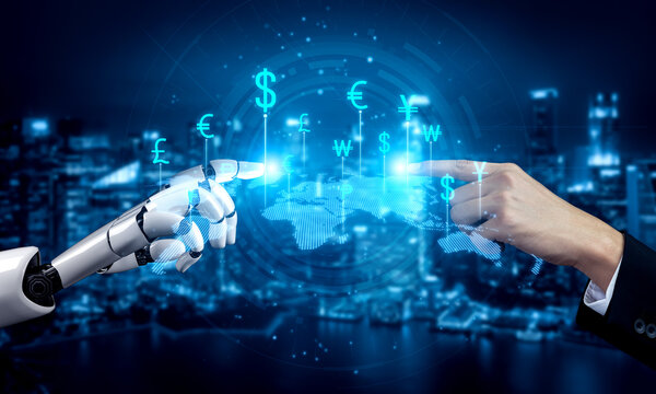 AI artificial intelligence facilitates secure global money exchange with smart fintech systems, virtual assistants, and intelligent conversion tools for digital transactions. Vouch