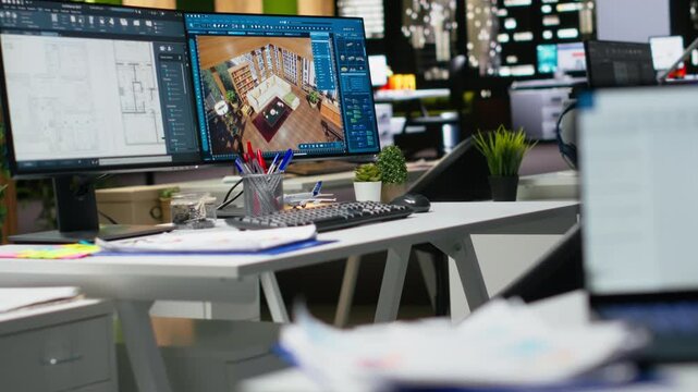 Professional interior design workspace showing modern computer monitors with architectural software used for drafting, layout and modeling. Creative environment optimized for productivity.