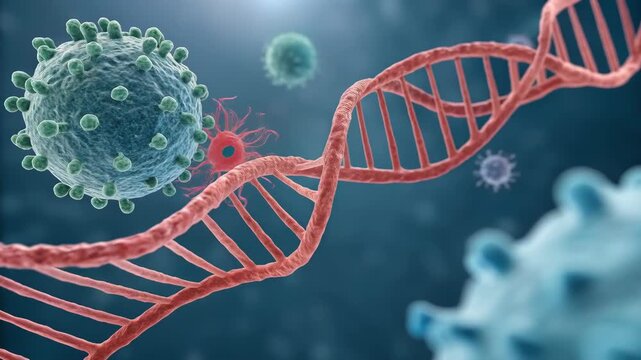 Microscopic virology science of virus infection causing genetic mutation in DNA cell. serious biology and microbiology concept for medicine regarding pandemic disease