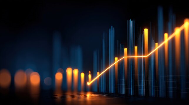 A digital representation of an upward trend in data, shown through vibrant bars and lines against a dark background, suggesting growth or progress in analytics.