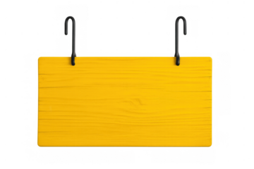 Yellow wooden blank board hanging on hooks, empty information banner with transparent background