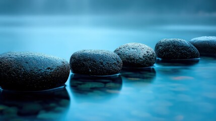 A serene image of smooth stones arranged in a tranquil body of water, creating a peaceful and calming atmosphere.