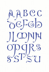 Hand-drawn alphabet created with ink and pen. Ornamental blue lettering in artistic calligraphic style on white background.