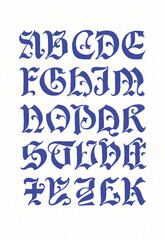 Hand-drawn alphabet created with ink and pen. Ornamental blue lettering in artistic calligraphic style on white background.