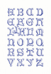 Hand-drawn alphabet created with ink and pen. Ornamental blue lettering in artistic calligraphic style on white background.