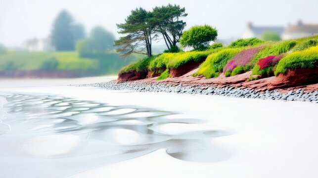 A serene coastal scene featuring a sandy beach with rippled patterns, red cliffs topped with lush green vegetation and colorful flowers, and trees against a haz