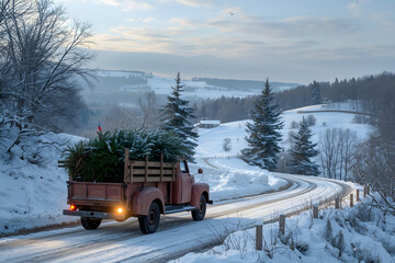 Snow countryside with christmas tree truck driving home