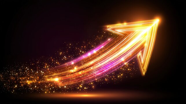 A vibrant, glowing arrow composed of light trails and sparkles, suggesting movement, progress, and dynamic energy against a dark background.