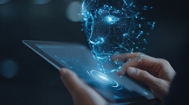 A digital representation of a futuristic face emerging from a tablet, symbolizing advanced technology and artificial intelligence.